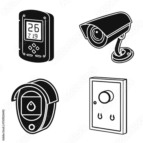 Security system icons set surveillance camera, thermostat, and other smart devices