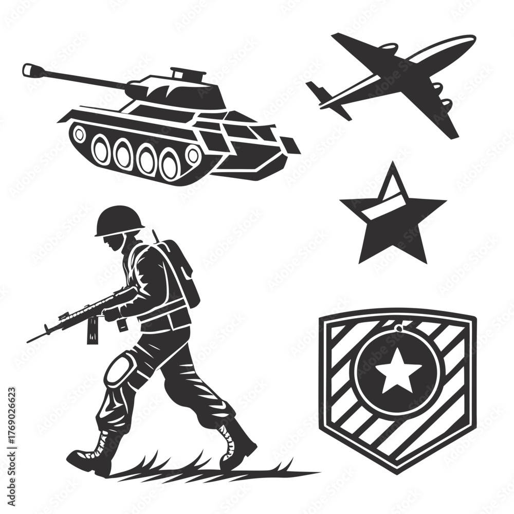 Naklejka premium Military set with soldier, tank, airplane, star and badge