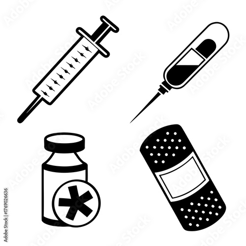 Medical icon set featuring a syringe, vial, and bandage