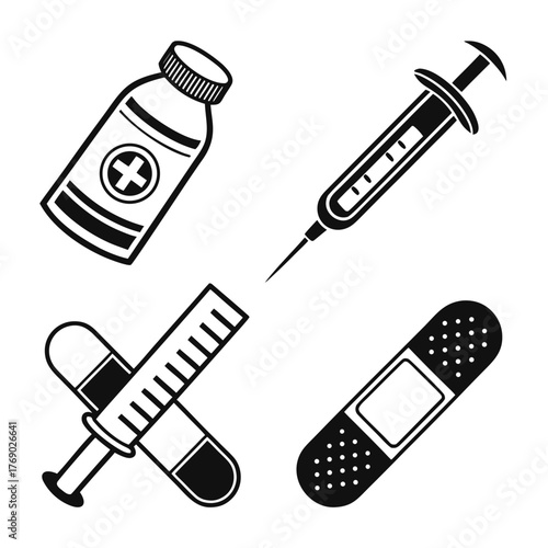 Medical icon set featuring a syringe, pill bottle, and bandage
