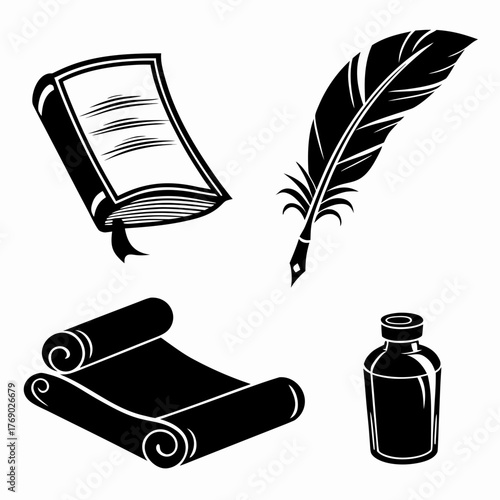 Writing and literature in black and white book, quill, scroll, and ink