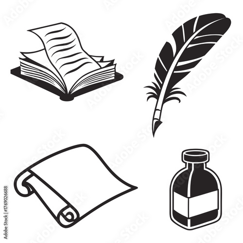 Open book with pages, feather pen, scroll and ink bottle