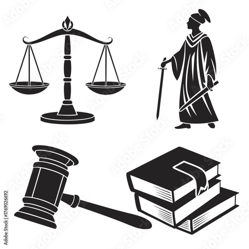 Justice symbol with scale, judge, gavel and books