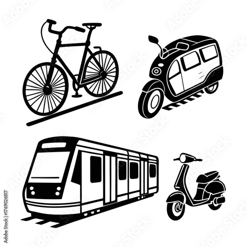Transportation silhouette set featuring various vehicles