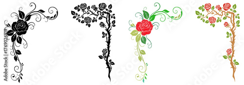 Halloween corner ornament with floral roses and curling vines in gothic style