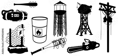 Post apocalyptic survival tools and objects set — barbed bat, chainsaw, fuel barrel, bomb, electric fence and water tower