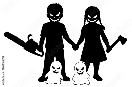 Halloween children silhouettes holding chainsaw and axe with smiling ghosts, creepy horror twins