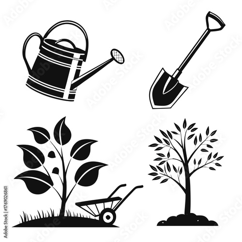 Gardening tools and plants icons vector illustration