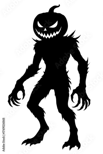 Halloween character Pumpkin Head Demon silhouette with sharp claws and evil grin, creepy monster with carved jack o lantern head