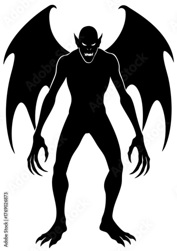 Halloween vampire demon silhouette with wings, sharp claws and fangs, terrifying bat-like creature