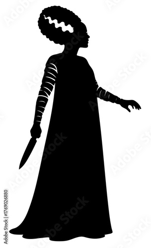 Halloween character Bride of Frankenstein silhouette with iconic hair and knife, gothic female monster