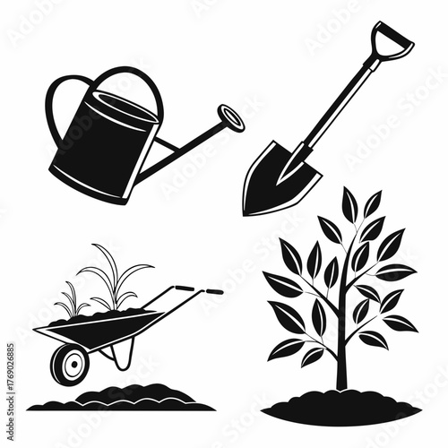 Gardening tools and plants icons vector illustration