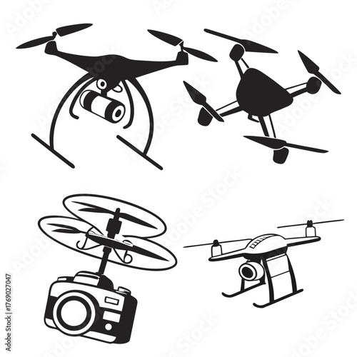 Collection of drones with cameras, aerial photography and videography concept