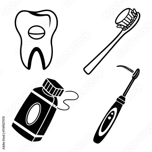 Dental care set with tooth, toothbrush, mouthwash, and dental pick