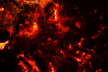 Glowing embers fire background. Burning fire charcoal texture. Hot coals close-up. Fiery pattern. Red hot ashes glowing. Burning embers macro. Fire texture. Fire background. Glowing charcoal.