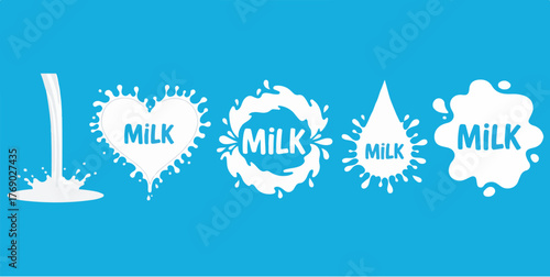 Set of white milk splash drop graphic design logos with text "MILK" on blue background
