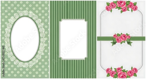 Graphic design resource featuring three vertical frames with large copy areas, unified by a sophisticated green and pink palette.