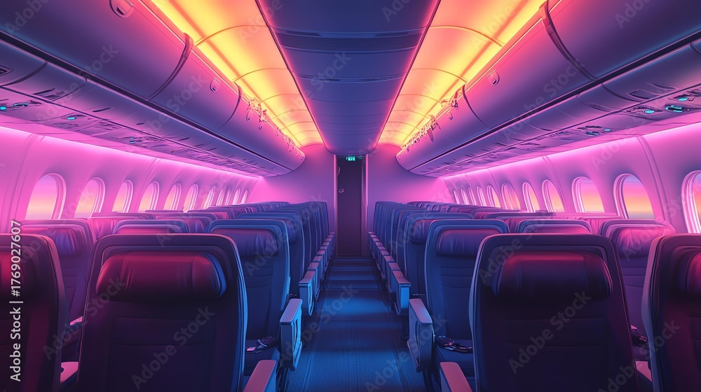 Fototapeta premium Futuristic airplane interior illuminated by vibrant neon lights, showcasing sleek seating and modern design.
