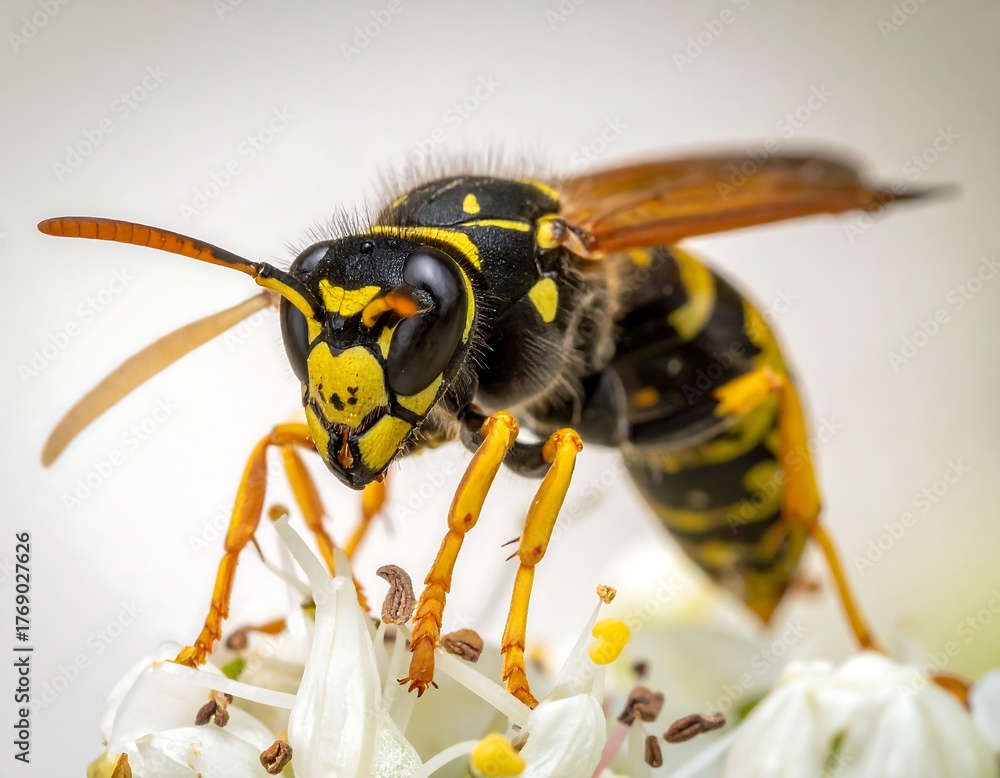 Naklejka premium Macro shot of a black and yellow striped insect, atop a white flower