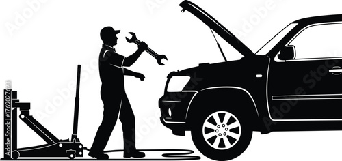 Mechanic silhouette working on SUV, car repair service, garage tools, wrench, hydraulic jack, automotive maintenance, black and white vector