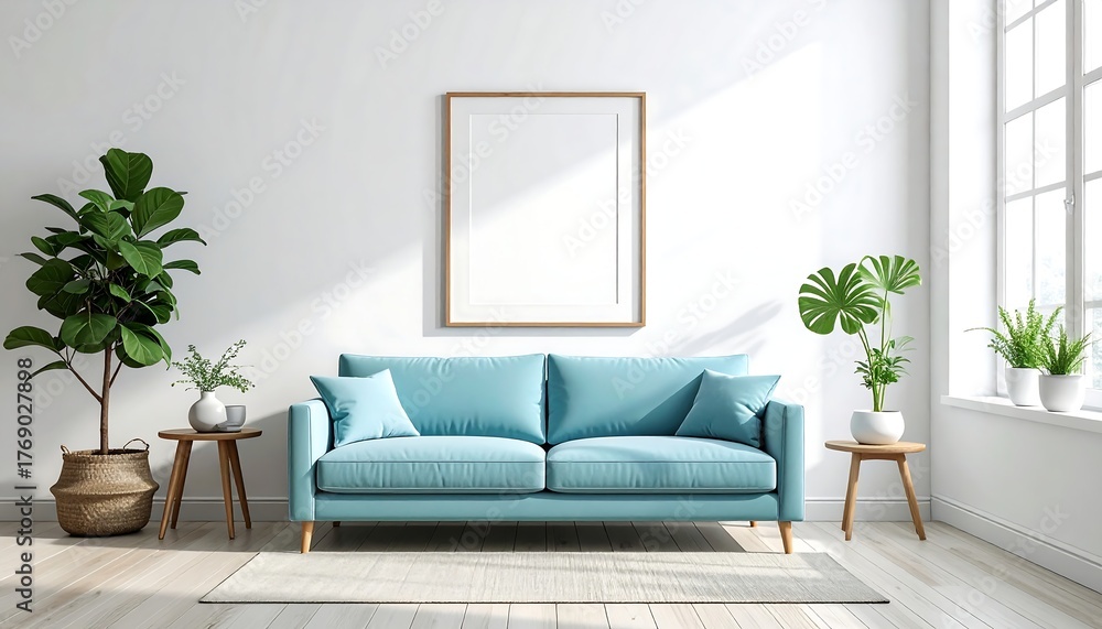 Naklejka premium Modern bright room featuring a blue couch, plants, and a framed art