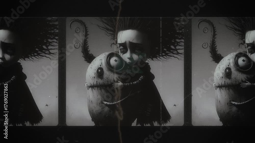 Creepy gothic character hugging a strange monster