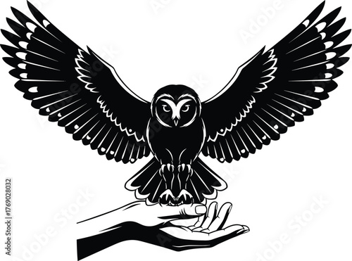 Owl landing on human hand, black and white silhouette, dramatic wingspan, wisdom symbol, nature connection, cad drawing flat vector illustration