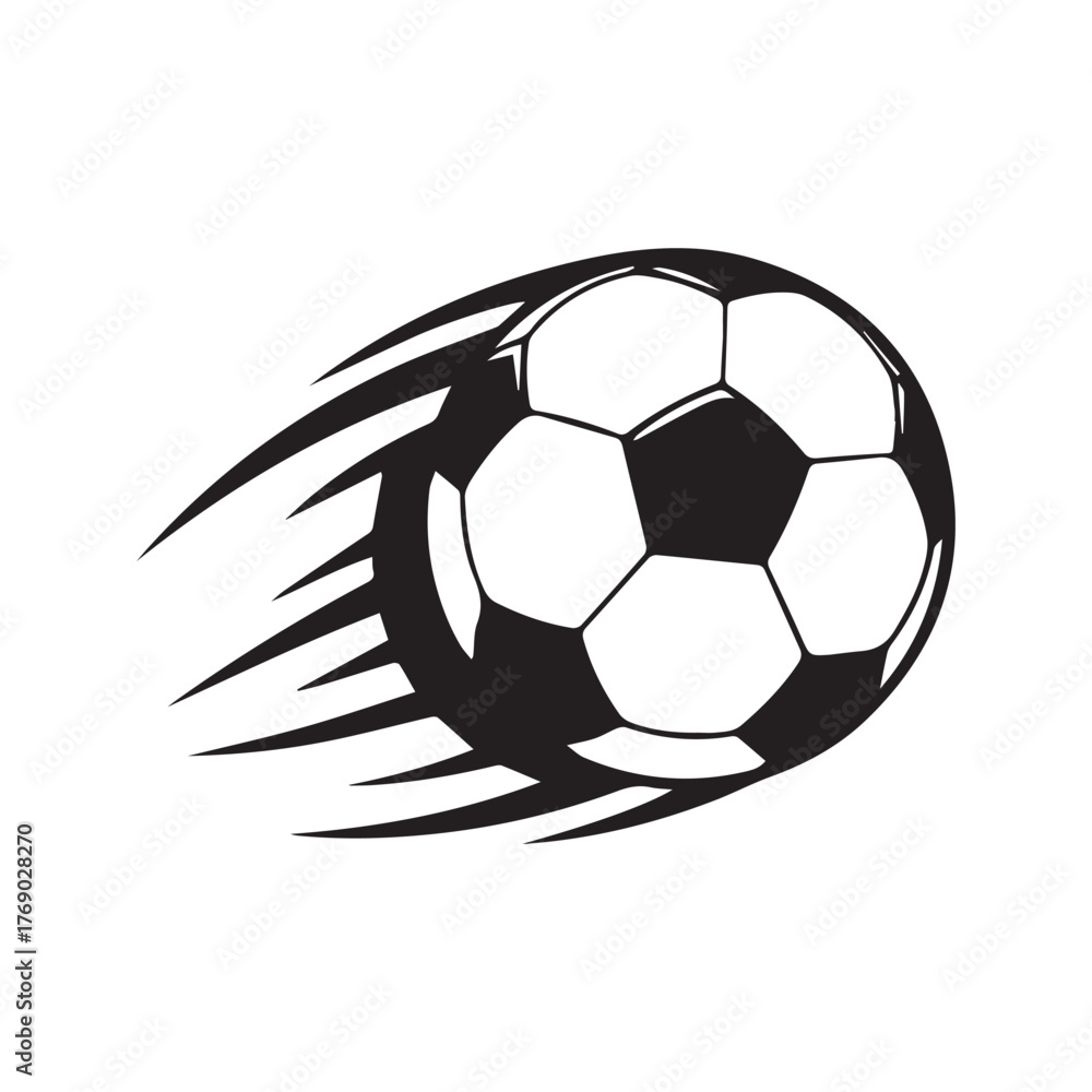 Fototapeta premium Soccer ball in motion, a flying football with a speed trail effect. Simple black and white vector illustration for a sports game or competition, isolated on a white background. 