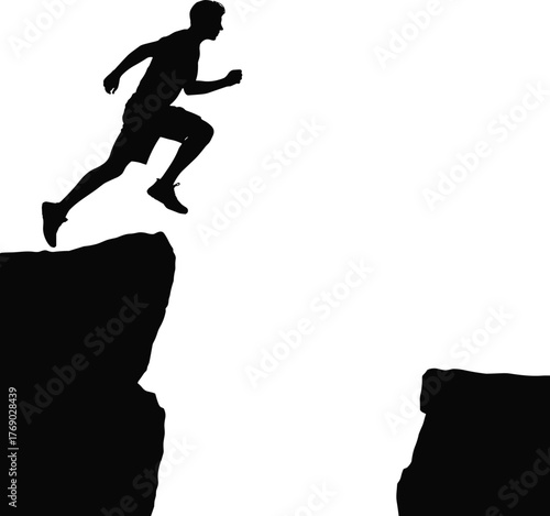 Silhouette man jumping across cliffs, risk challenge success concept, leap of faith determination courage, business growth motivation overcoming obstacles transition