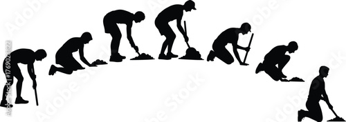 Silhouette sequence of man digging with shovel, ergonomic posture stages, manual labor motion, construction work, cad drawing flat vector illustration