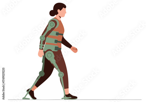 A female figure with robotic legs walks, showcasing sustainable recovery tech. Clean, modern illustration with a focus on movement and technology. 