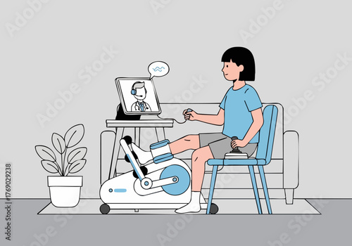 A young girl engages in virtual physiotherapy using an exercise bike, connected via video call. A friendly doctor guides her remotely. Modern, comforting scene.