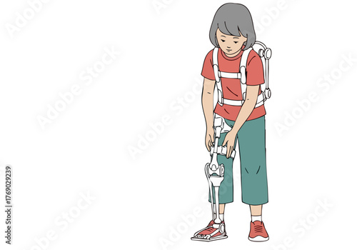 A young girl adjusts an exoskeleton brace, demonstrating its operation. Clean, modern illustration style. Focus on detail and functionality.
