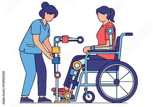 A healthcare professional assists a patient with wheelchair setup, demonstrating proper positioning for therapy. Clean, modern illustration.