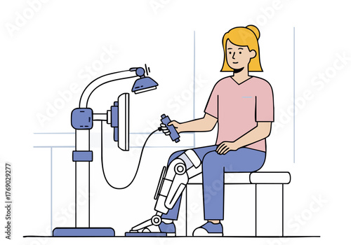 A healthcare professional conducts a test on a patient's prosthetic leg in a clinical setting. Clean lines and a modern aesthetic create a professional and informative image.