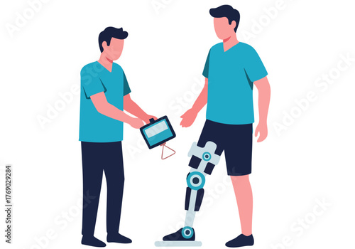A healthcare professional examines a man?s prosthetic leg. The scene is clean and modern, highlighting medical technology and rehabilitation. Focus on the check leg.