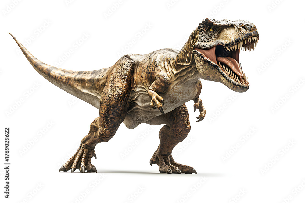 Obraz premium Detailed 3D illustration of Albertosaurus mid-attack, ancient carnivorous dinosaur isolated on white background, concept of evolution and prehistoric wildlife