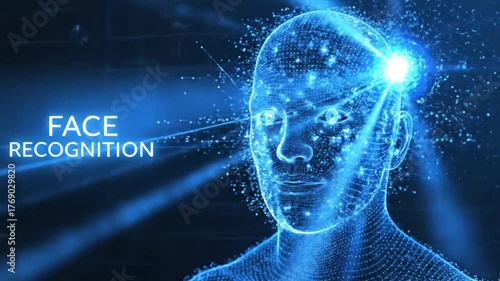 3D animation concept of facial recognition technology showing a digital wireframe human head made of glowing blue lines and particles, scanning and analyzing data points.