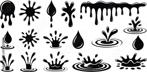 Liquid splash vector illustration set, twenty stylized black ink and droplet icons, white background for fluid, impact, and design concepts