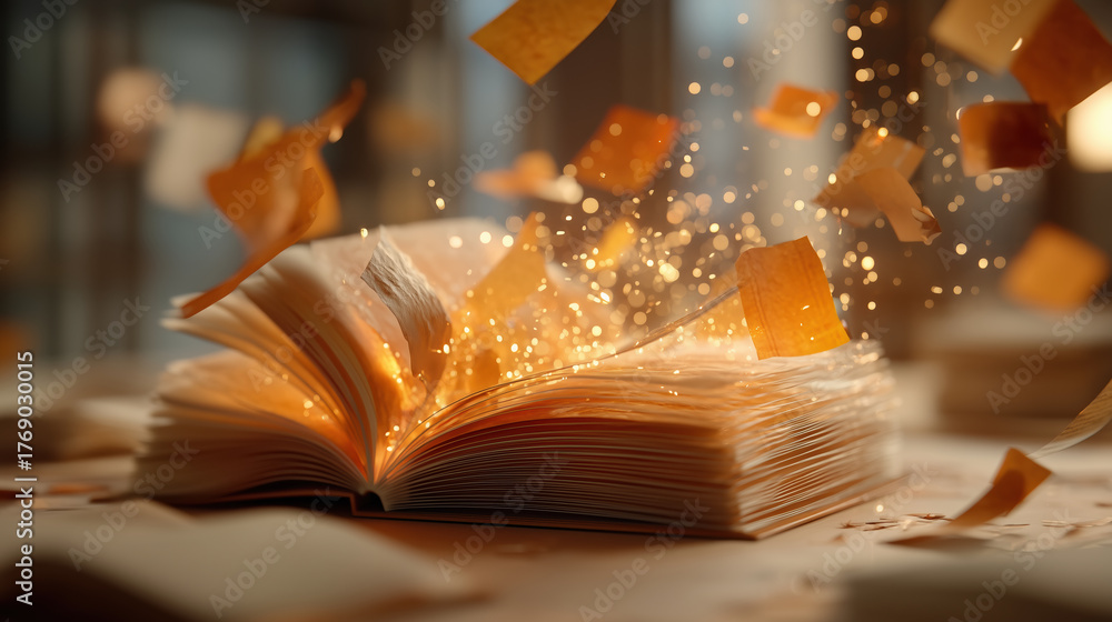 Fototapeta premium Glowing open book with floating pages creates magical atmosphere, surrounded by sparkling light and warm orange hues. scene evokes sense of wonder and imagination