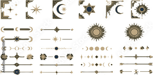 Elegant celestial vector corner borders, mystical dividers, and sun and moon elements isolated on white