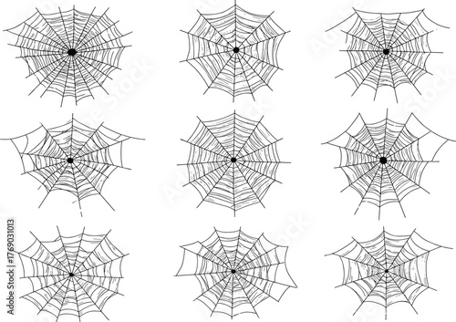 Spider web vector illustration, nine unique radial and spiral designs in grid layout, white background for Halloween, nature, and pattern design concepts
