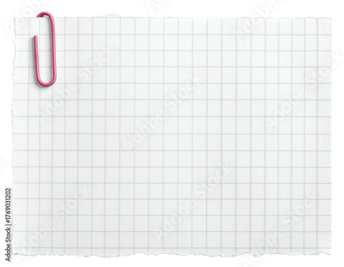 Paper Clip Isolated. Blank white torn edge paper mockup. Real notepad with grid line isolated.