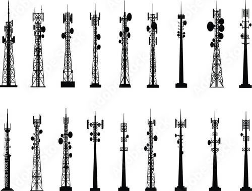 Communication tower silhouette vector illustration, eighteen antenna and dish structures in grid layout, white background for telecom, signal, and broadcast design