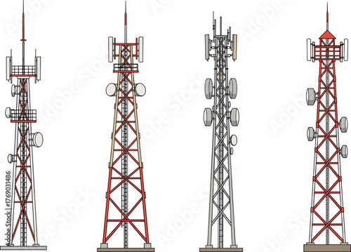 Telecommunication tower vector illustration, four antenna and dish configurations in lattice structure, white background for signal, broadcast, and network design