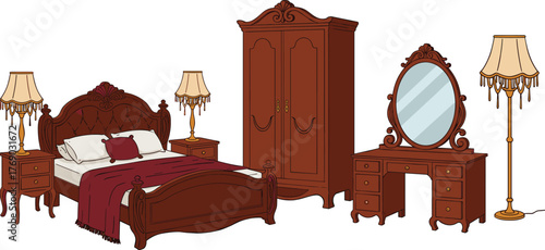 Vintage bedroom vector illustration, ornate wooden bed, wardrobe, vanity, lamps, white background for interior, furniture, and home decor design