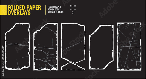 Set of Five Grunge Folded Paper Overlays with Rough Edges and Distressed Texture for Graphic Design