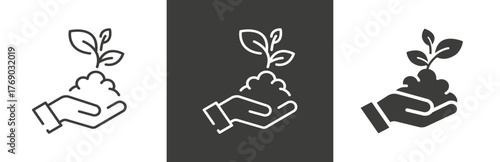 flat and linear set icons, growth plant on the hand, icon, outline leaf, seedling, simple symbols on white and black background - editable stroke vector illustration