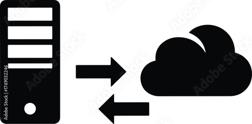Black server icon with arrows pointing to a black cloud icon data transfer