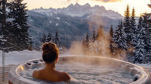 Serene outdoor wellness escape with a woman resting in a heated spa pool as snow falls gently around her, framed by towering evergreens and breathtaking alpine peaks glowing in the cold winter light.